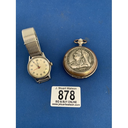 878 - Novelty Brittania Quartz Pocket Watch and vintage style Wristwatch both working