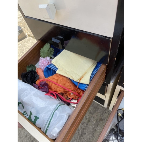 88 - Five banks of storage drawers (two loaded with laces, material and sewing accessories)