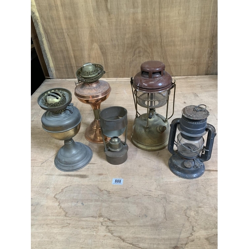 888 - Tilly lamp, Hurricane lamp and 3  oil lamps