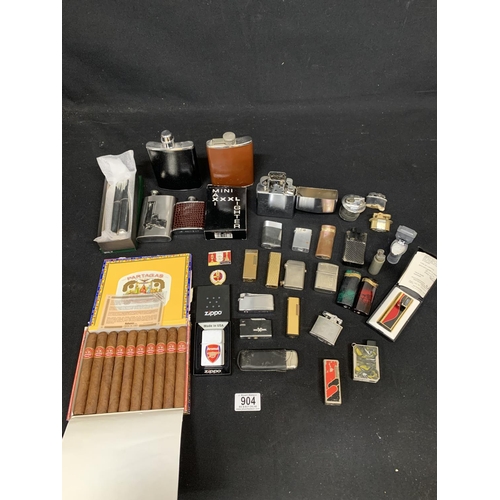 904 - Partagas Havans Cigars box of 10, hip flasks and assorted lighters