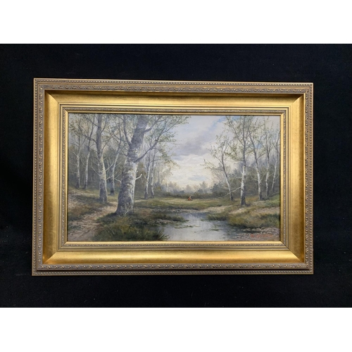 910 - Gilt framed oil of woodland scene Signed S William overall 67 x 47 cms