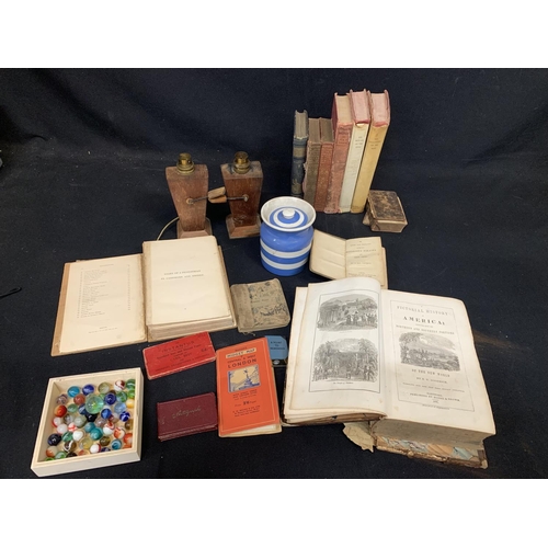 916 - Vintage books, marbles, TG Green jar and pair of wooden lamp bases