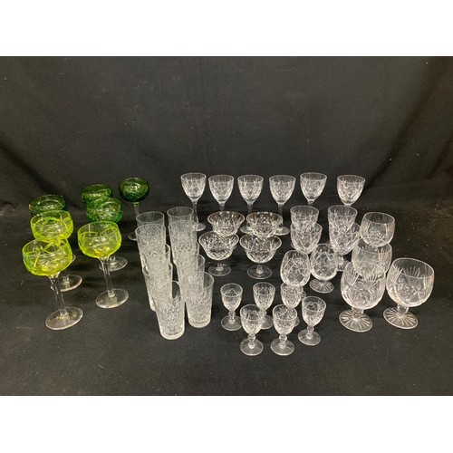 684 - 4 Bohemia  tall green stem glasses, 3 light green tall stem glasses (1 with chip to rim) and Qty of ... 