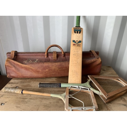 1005 - Vintage leather cricket bag, 1995 England/West Indies Signed Cricket Bat and 2 rackets