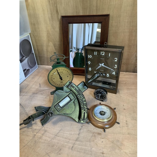 1050 - Follows & Bate Ltd Marmalade slicer, mirror, 2 clocks, Barometer & scales