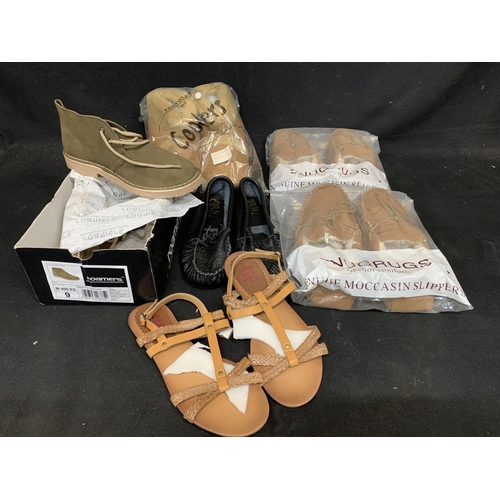 1057 - New: Two pairs Moccasin Snugrugs size 10, pair leather moccasins size 9, pair men's cooler slippers ... 