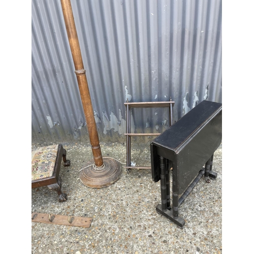 31 - Sutherland table, ball and claw stool, standard lamp and mahogany wall shelf