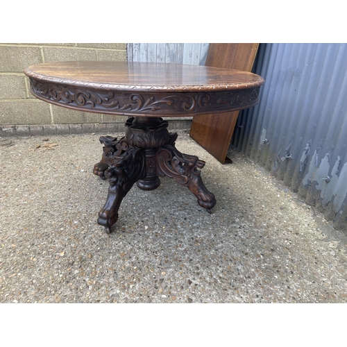 48 - A large oak oval dining table with pedestal base decorated with four carved  lions heads 127x110 plu... 