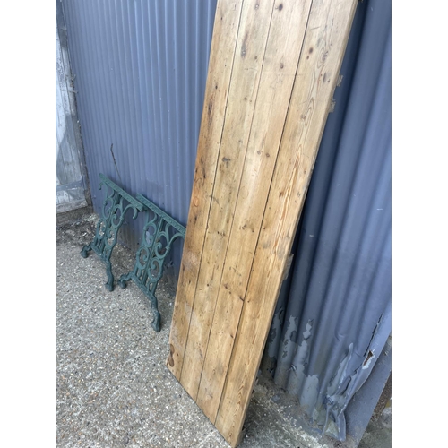 51 - A pair of green metal table legs together with pine plank table top 180 long