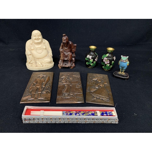 580 - Heavy resin Bhudda, carved wooden Figure, 3 pieces cloisonné and chopsticks and 3 copper effect plaq... 