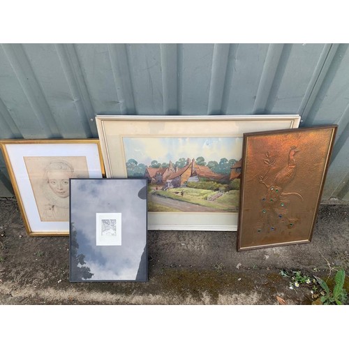 1059 - Watercolour of Lamberhurst, two prints and Copper plaque depicting Peacock