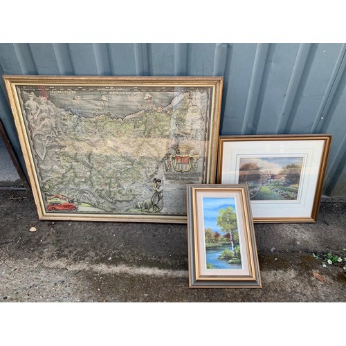 1058 - Large gilt framed Map of Spain, Gilt framed Watercolour of house and gardens (See label on reverse),... 