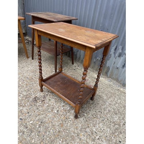 142 - An oak barley twist table, oak table and walnut table