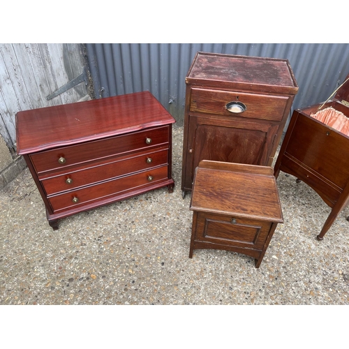 143 - Small repro chest, sewing box, cupboard, oak book shelf and oak box