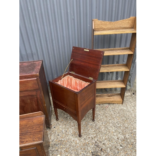 143 - Small repro chest, sewing box, cupboard, oak book shelf and oak box