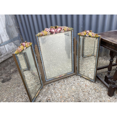 16 - An oak nest of three together with a floral folding dressing table mirror