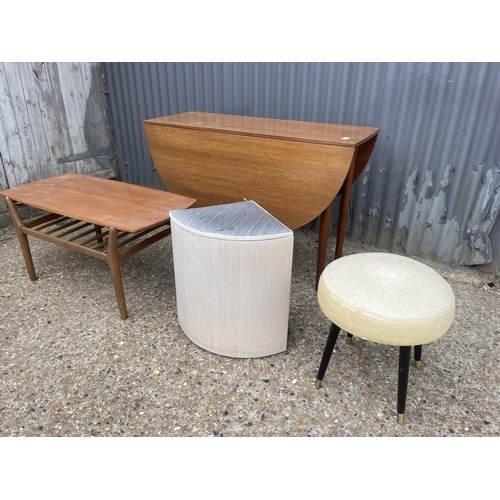 164 - A teak gate leg table, teak coffee table, stool and linen box