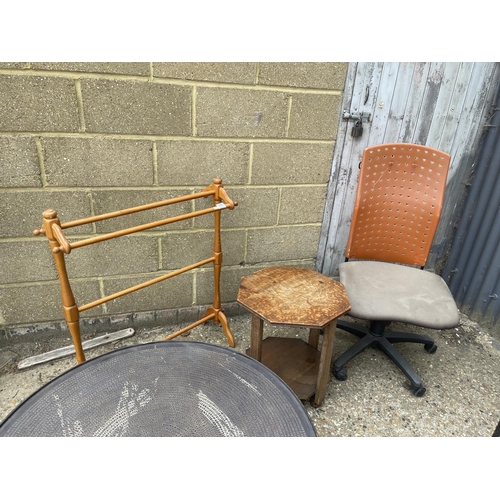 170 - A large circular brass top table, airer, oak table, office chair