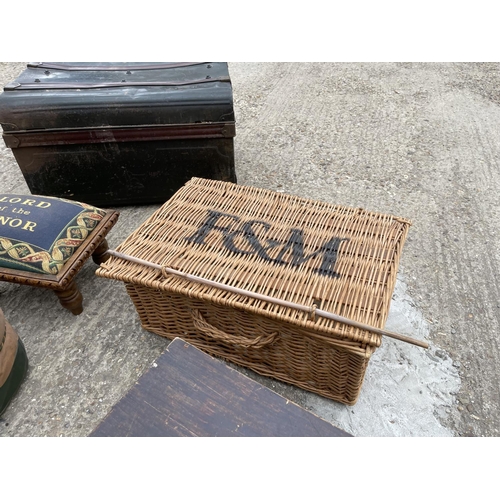 201 - Tin trunk, wooden box, basket and two stools