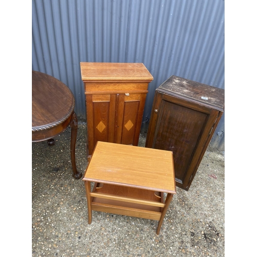 238 - Two mahogany cupboards, ball and claw table and teak magazine rack