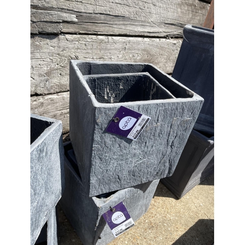 365 - Three large and small pairs of grey slate effect fibre clay square planters