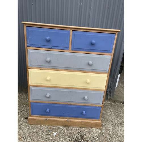 40 - A blue and yellow painted pine chest of drawers 106x44x140