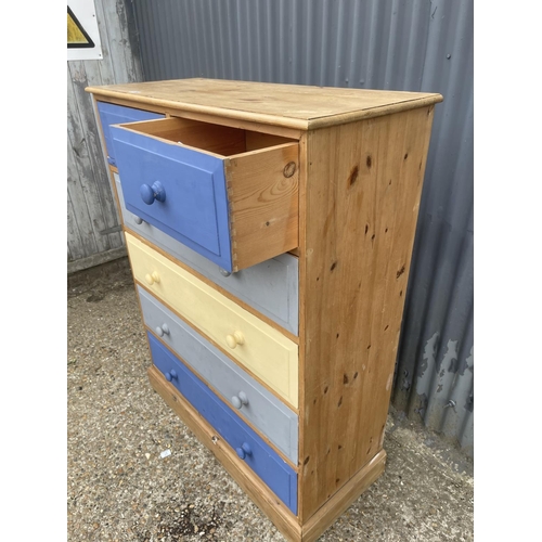 40 - A blue and yellow painted pine chest of drawers 106x44x140