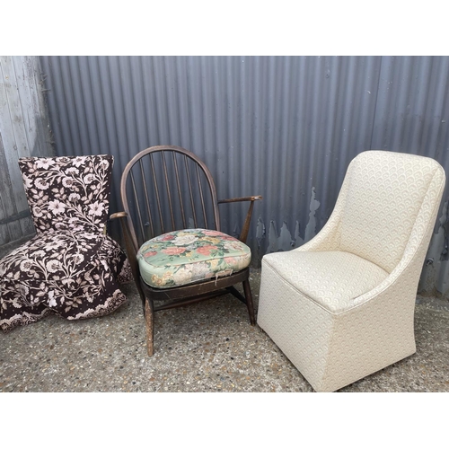 9 - A mid century dark ercol bedroom chair together with two other bedroom chairs