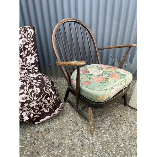 9 - A mid century dark ercol bedroom chair together with two other bedroom chairs