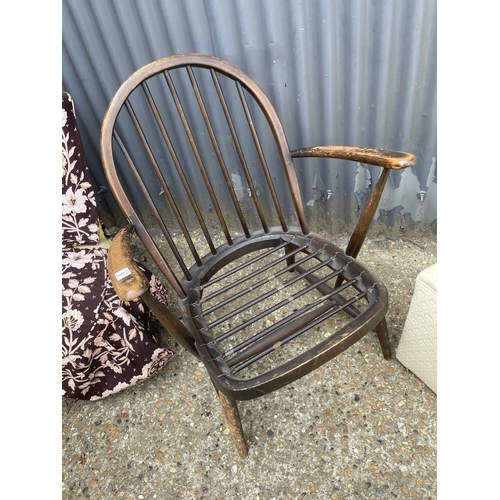 9 - A mid century dark ercol bedroom chair together with two other bedroom chairs