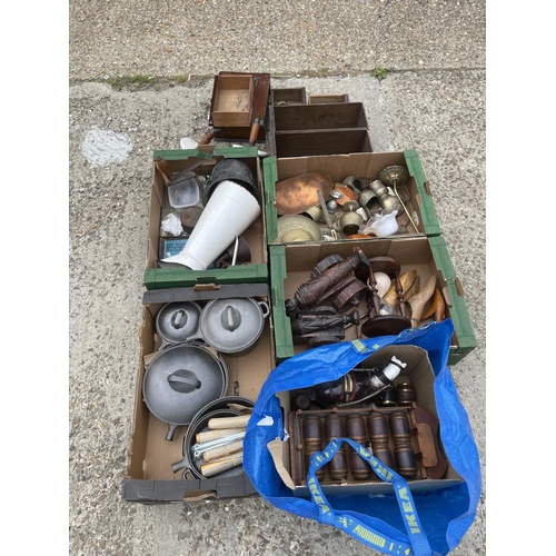 99 - Four boxes and a bag of wooden ware, metal ware and fixings