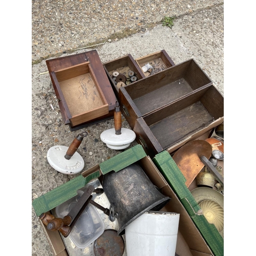 99 - Four boxes and a bag of wooden ware, metal ware and fixings