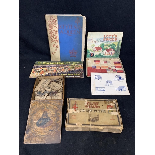 725 - Life of Christ vintage puzzle and Oxford puzzle, Lotts bricks toy, Sixty years a queen volume and st... 