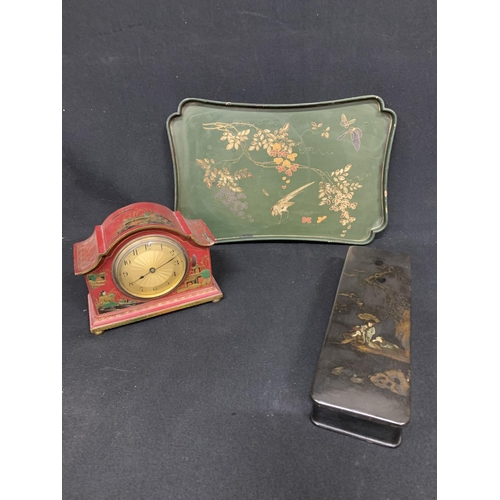 728 - Red lacquer mantel clock (working), Green lacquer tray and black lacquer glove box