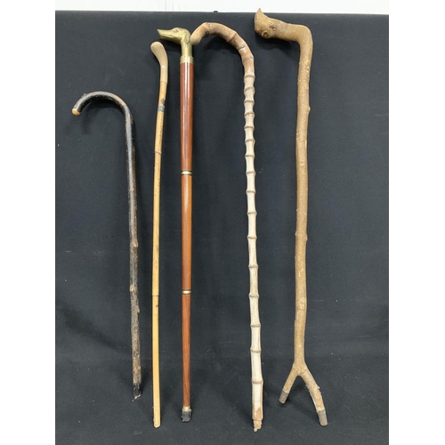 733 - 5 walking sticks, including dog head drinking stick