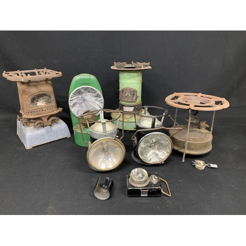 736 - Primus and other stoves, wall light, 3 vintage torches (2)