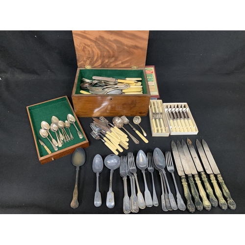 737 - Set of large Victorian table knives, mahogany box and assorted silver plated cutlery