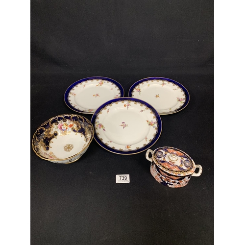 739 - Crown Derby sucrier, English porcelain bowl and three plates