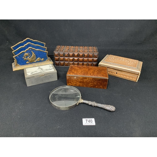 741 - Four boxes, Gilt stationery rack and large table magnifier