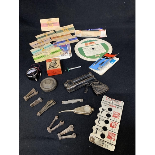 745 - Chemlets additive gun for car engines, small vintage spanner sets, motoring items and Ephemera