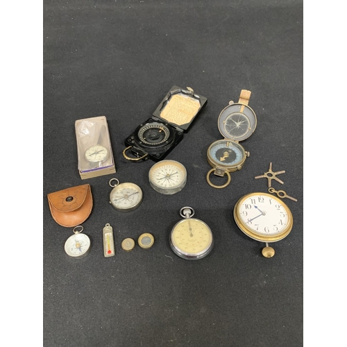 747 - Car Clock, stop Watch, two marching compasses and six other compass