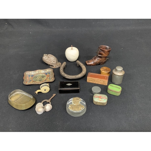 750 - Carved wooden boot, Silver Coins on Key ring, snuff box and collectables