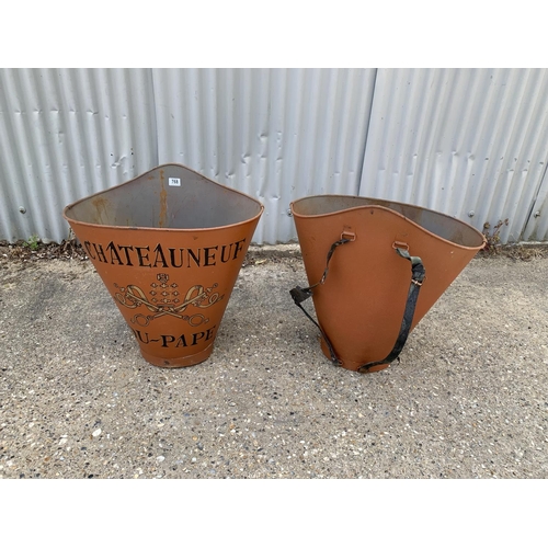 Pair of painted metal grape harvesting buckets Chateauneuf du pape