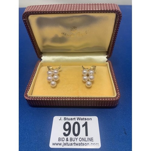 Pair of Mikimoto 14ct Gold and five Pearl stud earrings marked to backs ...