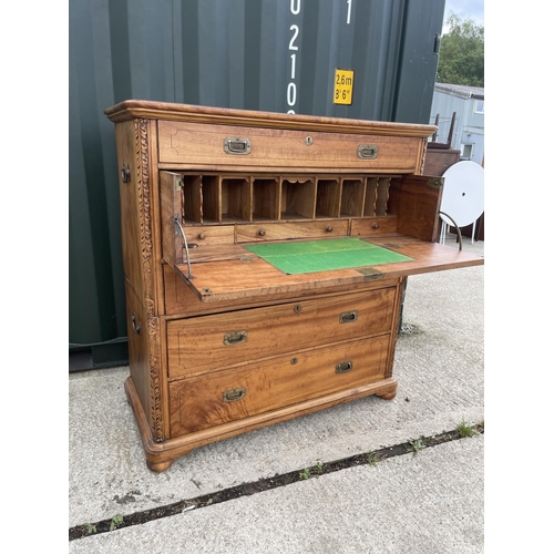 360G - A Victorian camphor wood 2 section military style campaign chest with secretaire drawer   116x50x120