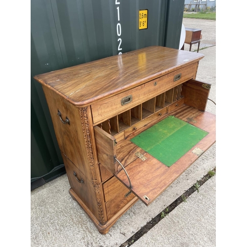 360G - A Victorian camphor wood 2 section military style campaign chest with secretaire drawer   116x50x120