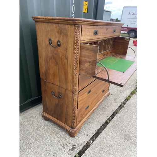 360G - A Victorian camphor wood 2 section military style campaign chest with secretaire drawer   116x50x120