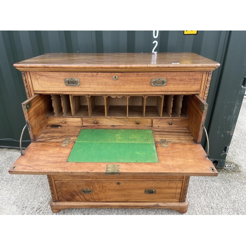 360G - A Victorian camphor wood 2 section military style campaign chest with secretaire drawer   116x50x120