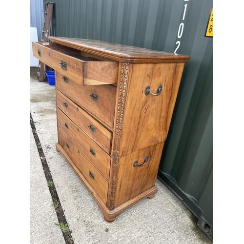 360G - A Victorian camphor wood 2 section military style campaign chest with secretaire drawer   116x50x120