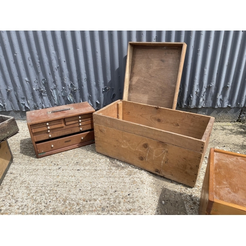 109 - A bank of workshop drawers together with 5 other vintage wooden boxes